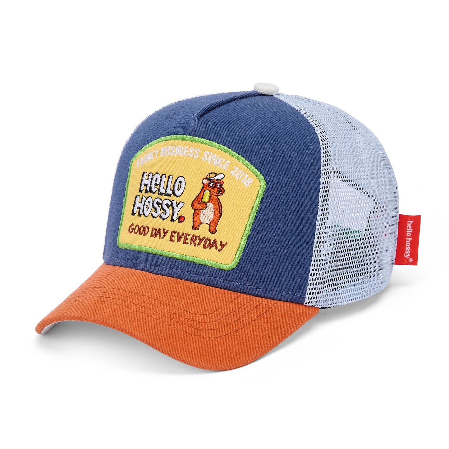 Cap Kind Blau Schirm Orange Netz hinten Patch Hello Hossy