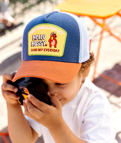 Cap für Kinder, Blau-Weiß, Orange Schirm, Tier-Patch Hello Hossy