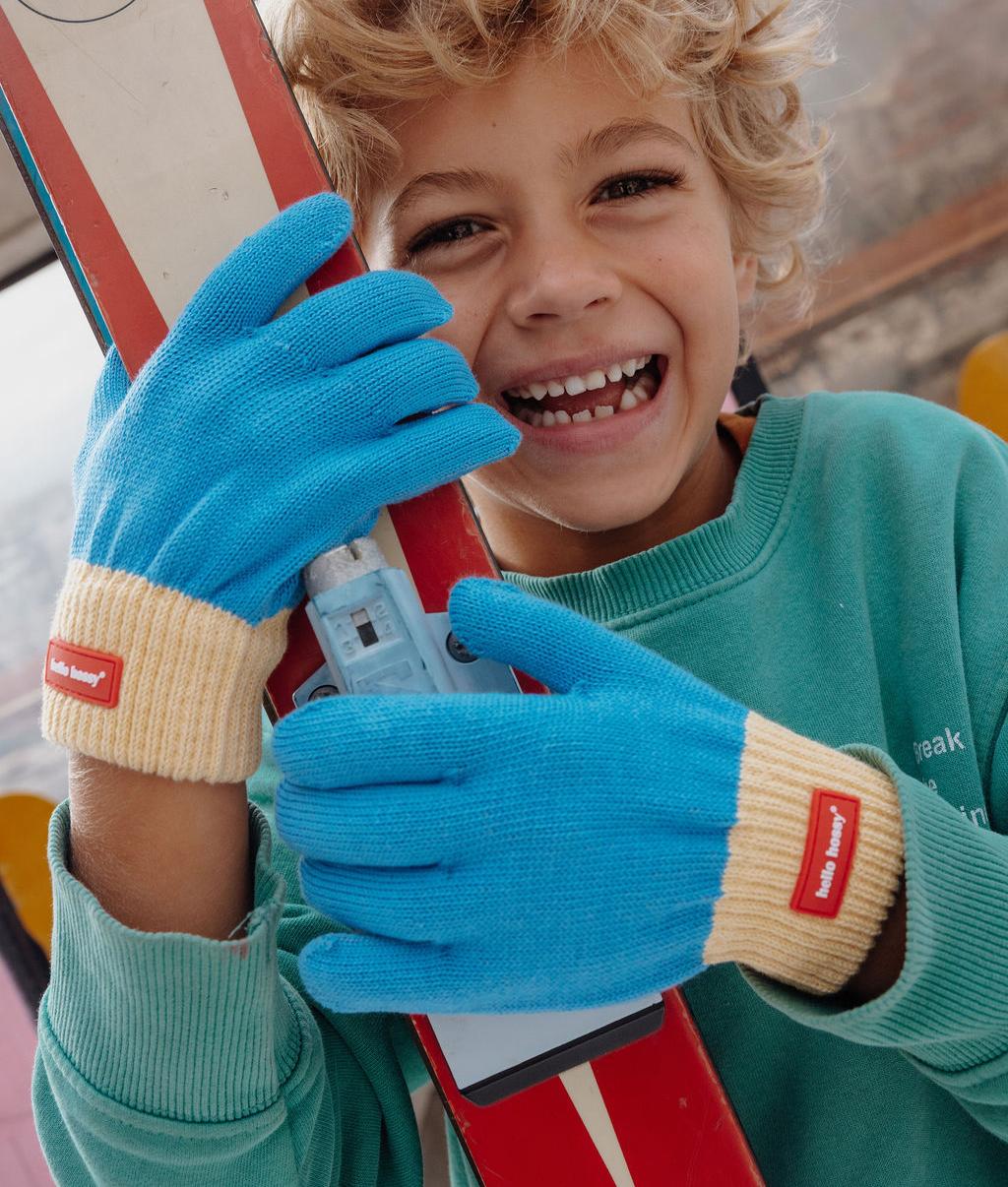 Kinder-Handschuhe blau Beige rotes Etikett feines Strickgewebe Hello Hossy