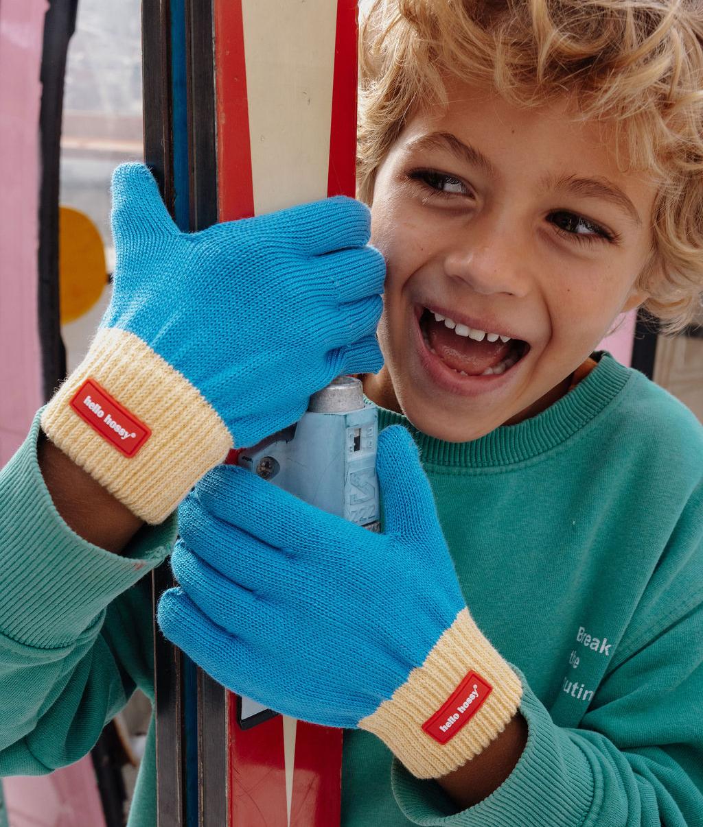 Kinder-Handschuhe blau Beige mit elastischem Band und rotem Detail Hello Hossy