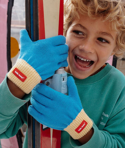 Kinder-Handschuhe blau Beige mit elastischem Band und rotem Detail Hello Hossy