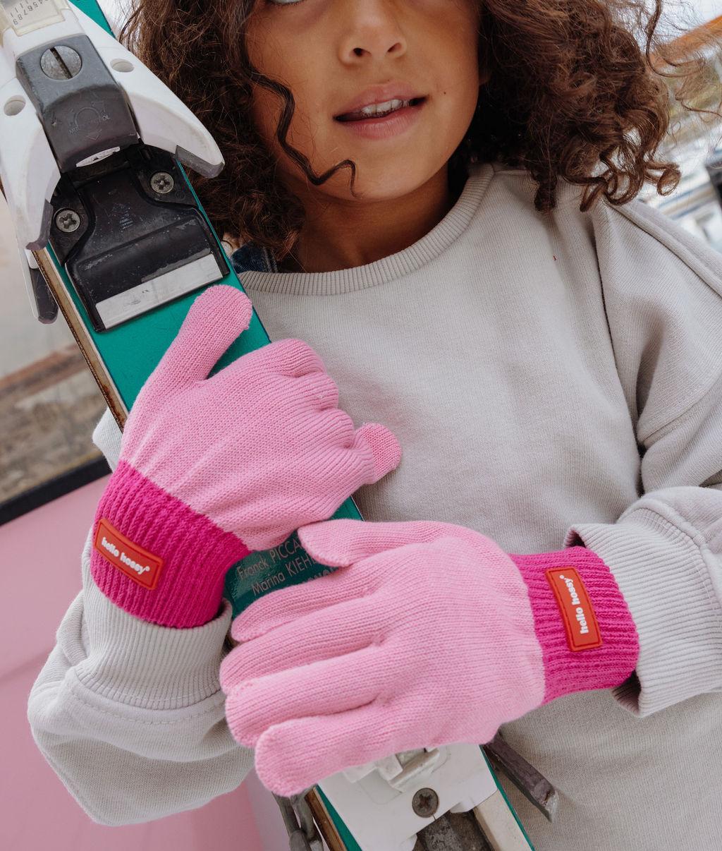 Kinder-Handschuhe rosa Fuchsia mit kontrastierendem Etikett Hello Hossy