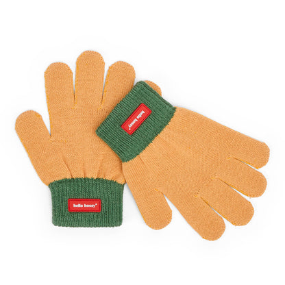Kinder-Handschuhe Camel grünes Bündchen Etikett Hello Hossy