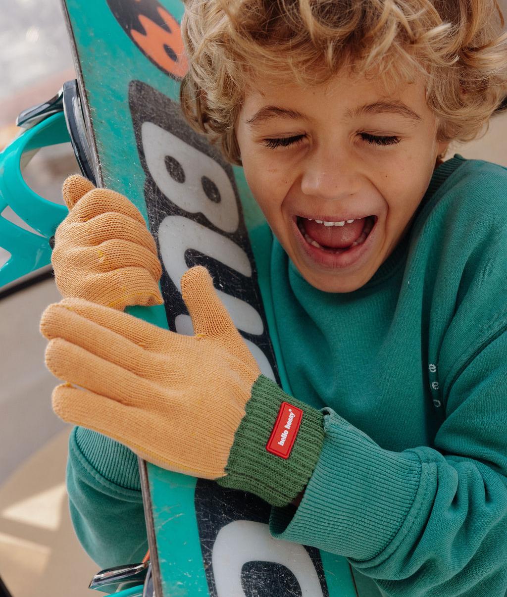 Kinder-Handschuhe Camel Grün Feinmasche gerippte Bündchen Hello Hossy