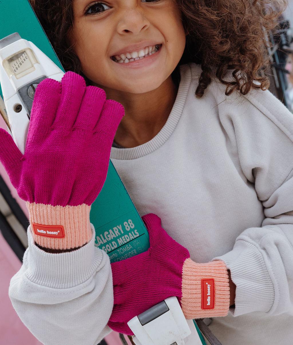 Kinder-Handschuhe violett mit Orange Bund Feinmasche und Etikette Hello Hossy