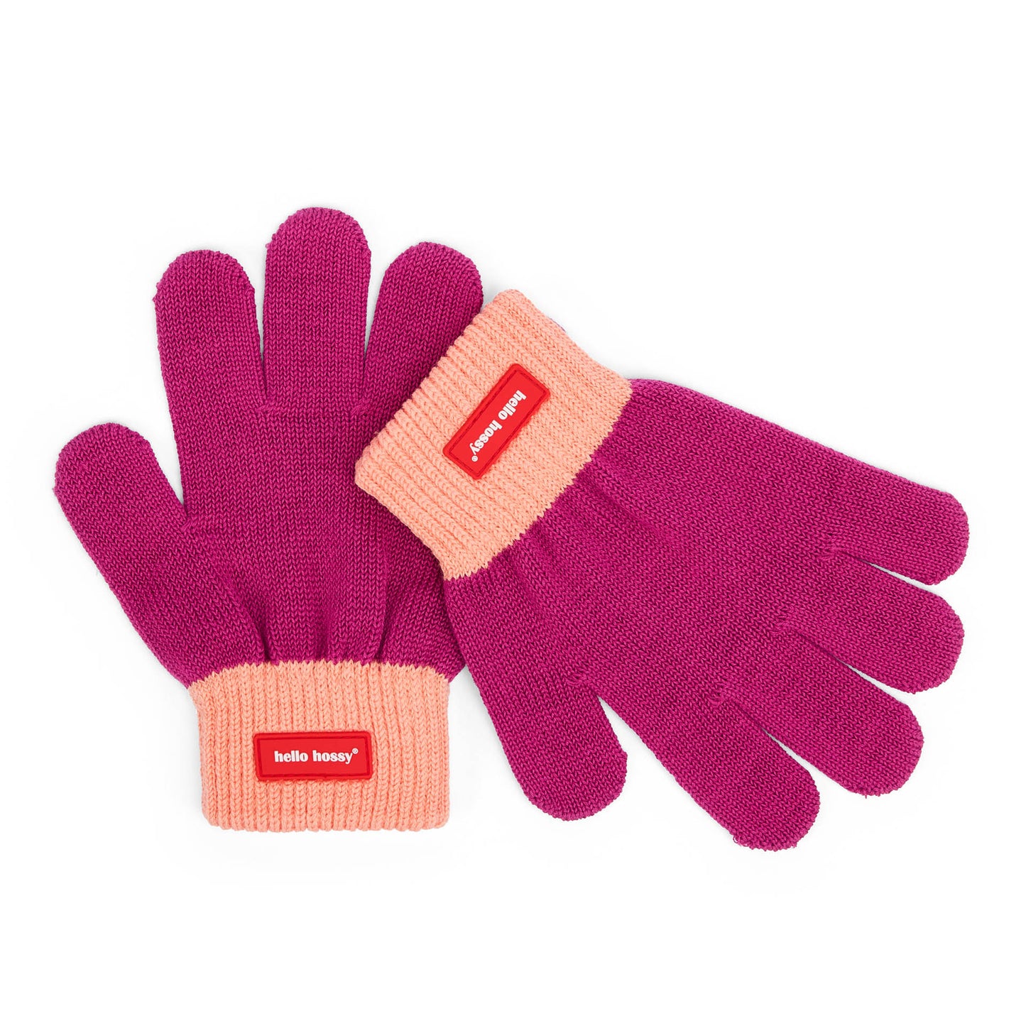 Kinder-Handschuhe violett mit orangefarbenem Rand und Hello Hossy-Etikett