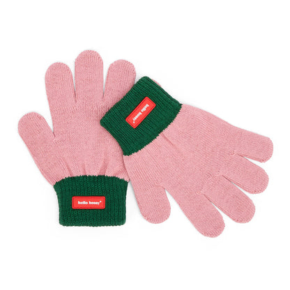Kinder-Handschuhe zweifarbig rosa-grün mit rotem Etikett Hello Hossy
