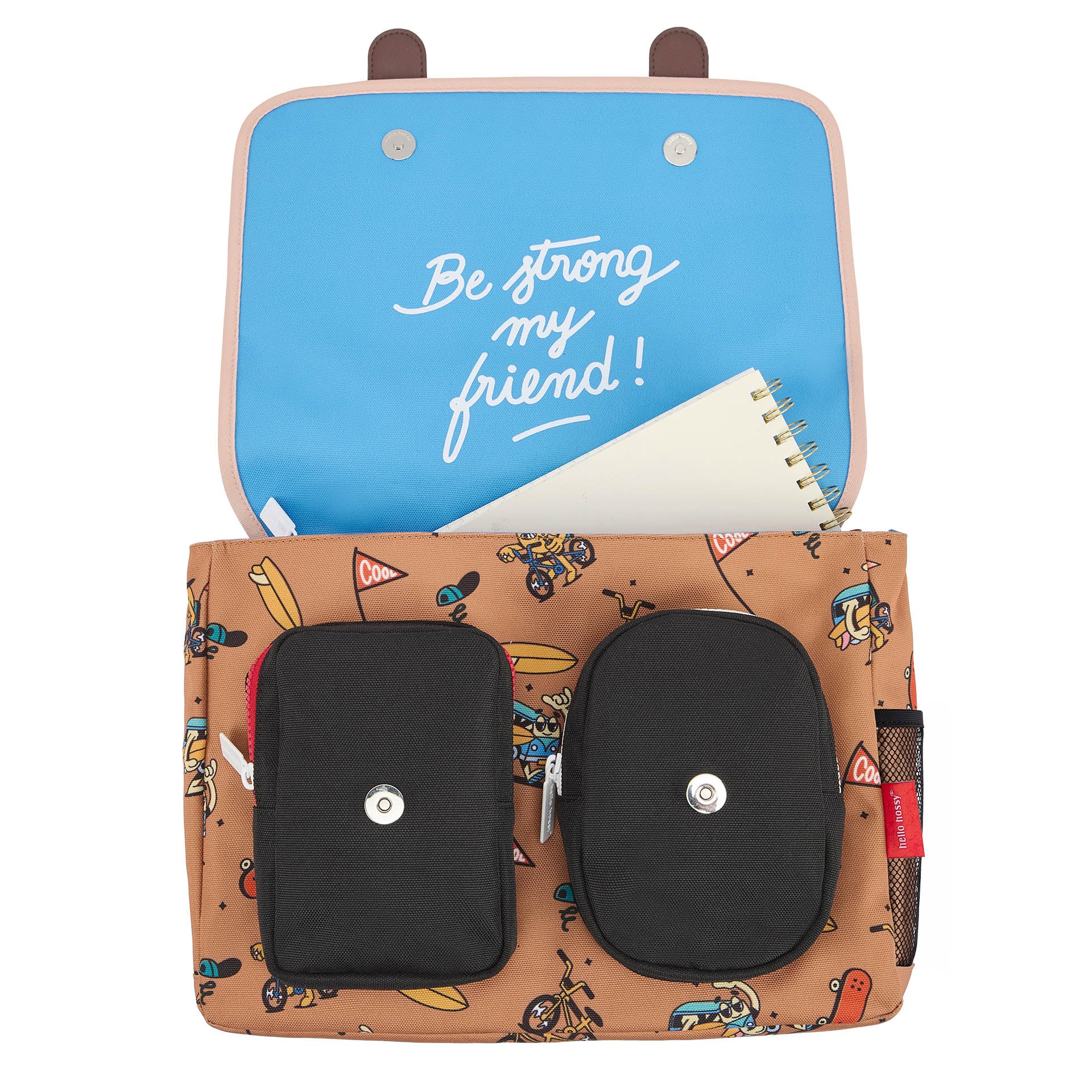 Schultasche Kind braun Muster Mascots Fahrrad schwarze Tasche Hello Hossy