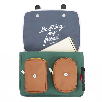 Schultasche Kind grün mit braunen Taschen Druckknopfverschluss Hello Hossy
