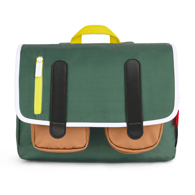 Cartable enfant vert poches marron fermeture jaune Hello Hossy