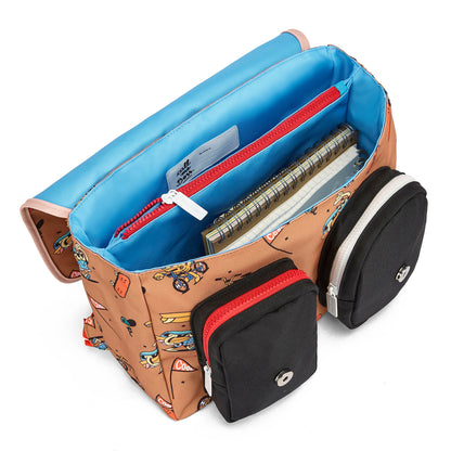 Schultasche Kind braun Aufdruck Mascots Fahrrad Vordertaschen Hello Hossy