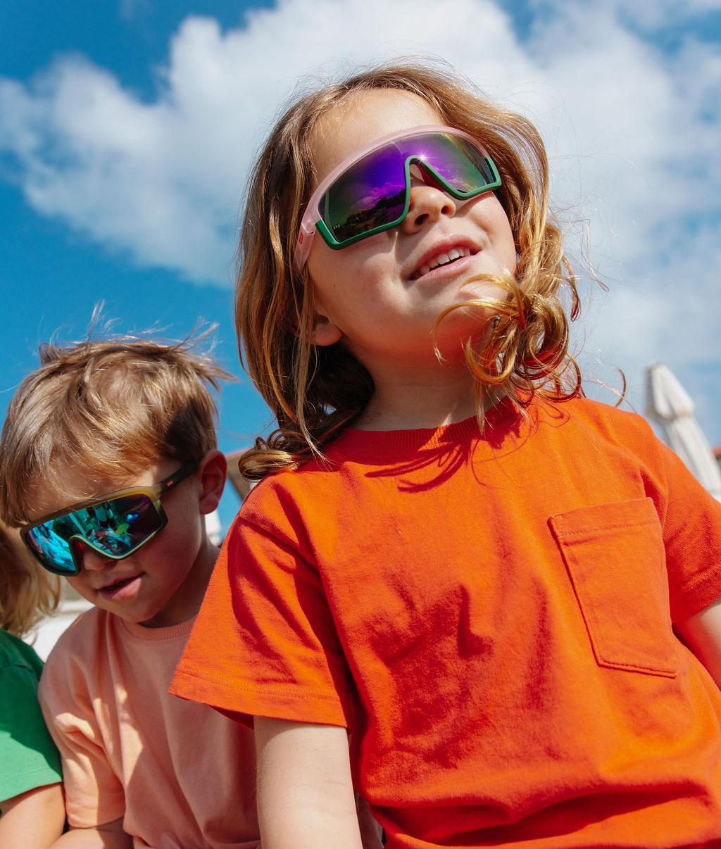 Sonnenbrillen für Kinder Rosa Grün Verspiegelte Brillenglass breite Form Hello Hossy