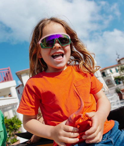 Sonnenbrille für Kinder Grün Rosa Verspiegelte Brillenglass breit Sportliche Gestellform Hello Hossy
