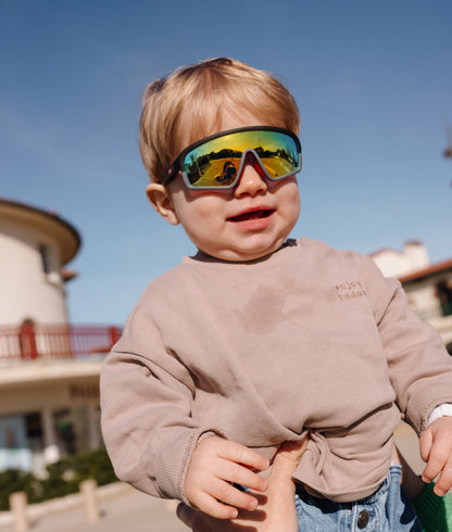 Sonnenbrillen für Kinder Sportliche Gestellform Spiegelglas Grün Brillengestell Schwarz und Grau Hello Hossy