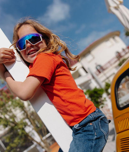 Sonnenbrillen für Kinder Violett Weiß Sportliche Gestellform verspiegelt Hello Hossy