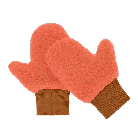 Moufles en moumoute bicolore Heaty Jim pour enfant et bébé – vue à plat - face orange