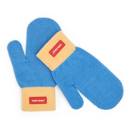 Kinder-Fäustlinge blau Beige rotes Etikett Hello Hossy