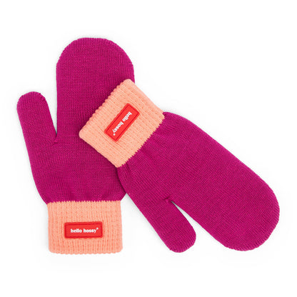 Kinder-Fäustlinge violett Orange Rand rotes Etikett Hello Hossy