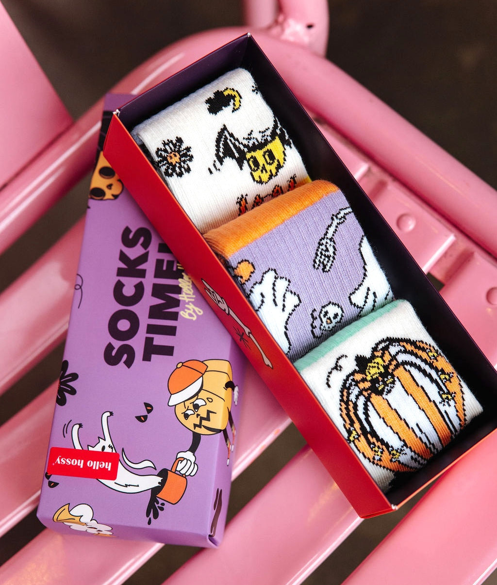 Pack Kinder-Socken mit Halloween-Aufdrucken, weiß violett Orange, Hello Hossy