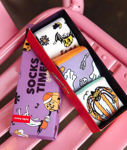Pack Kinder-Socken mit Halloween-Aufdrucken, weiß violett Orange, Hello Hossy