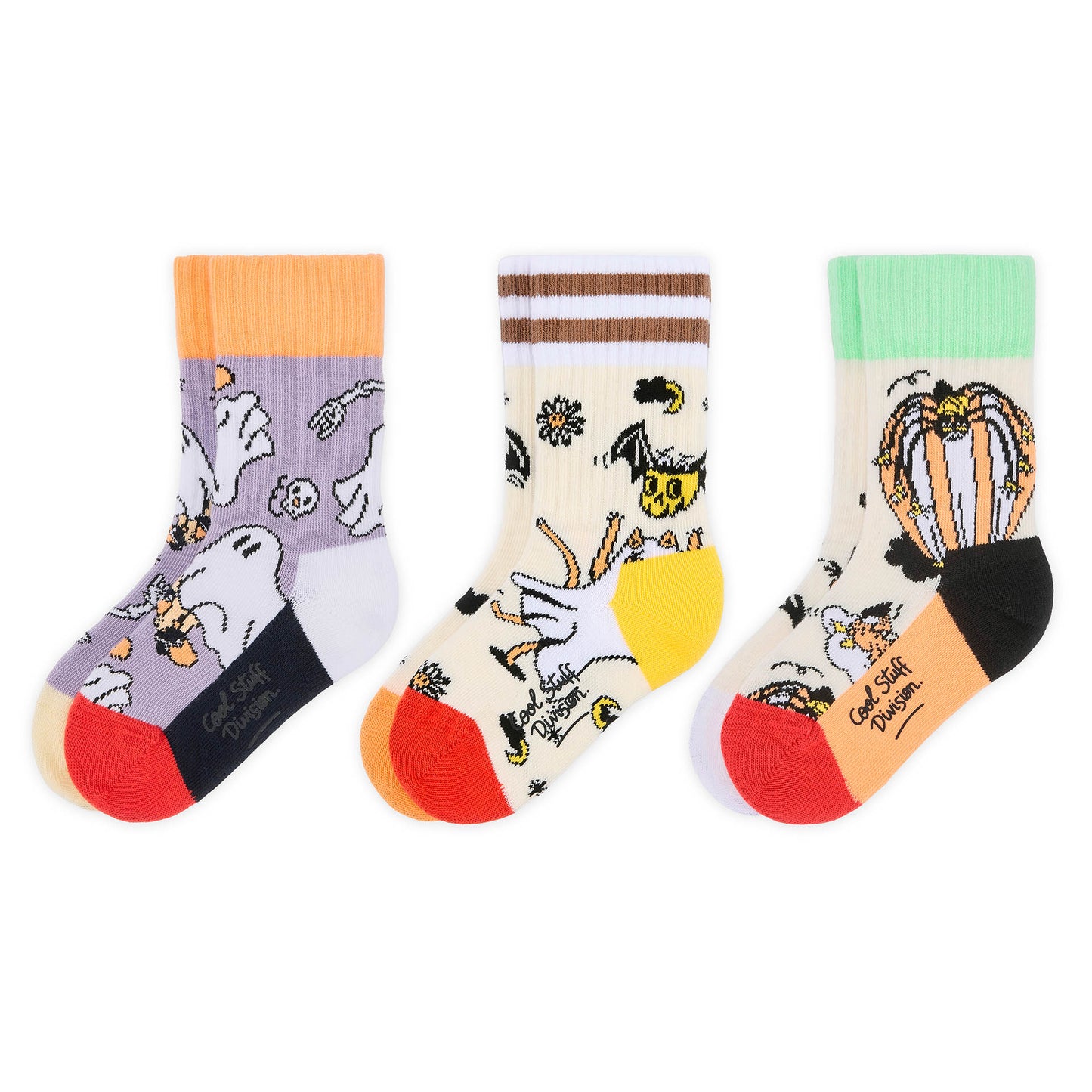 Kinder-Socken mit Halloween-Aufdrucken in verschiedenen Farben und roter Spitze Hello Hossy