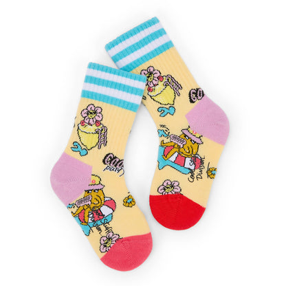 Gelbe Kinder-Socken mit Blumen-Aufdrucken, Figur in Rot und Blau Hello Hossy