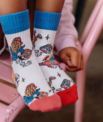Kinder-Socken weiß mit blauen und roten Mascots-Aufdrucken Hello Hossy