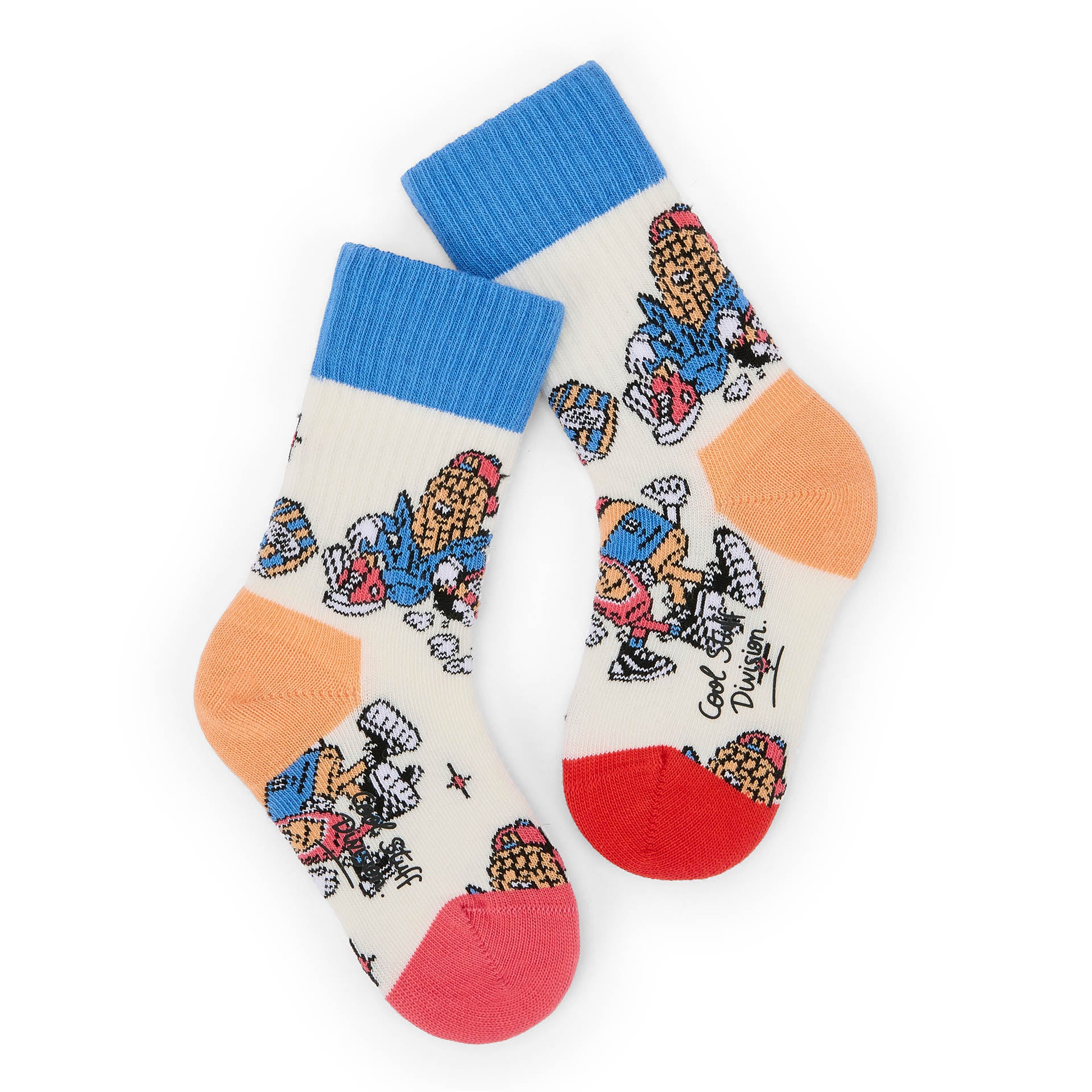 Kinder-Socken mit mascots-Aufdruck blau rot und Orange Hello Hossy
