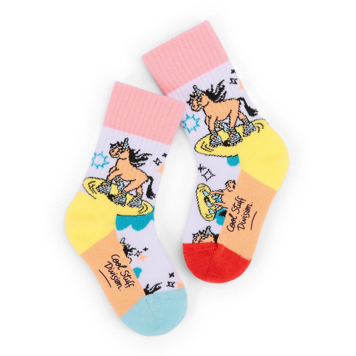 Kinder-Socken weiß mit Einhorn-Aufdrucken gelbe Ferse Hello Hossy