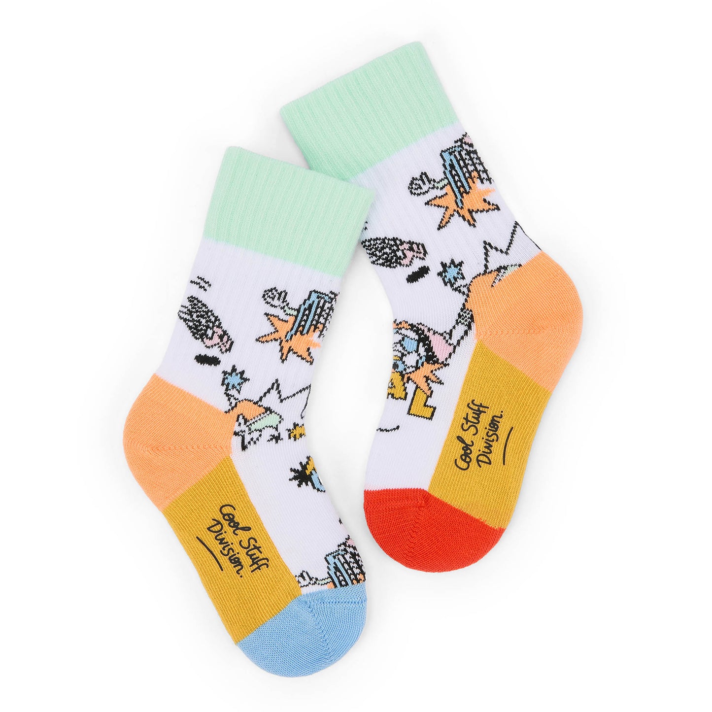Kinder-Socken weiß mit bunten sportlichen Aufdrucken und Orange Ferse Hello Hossy