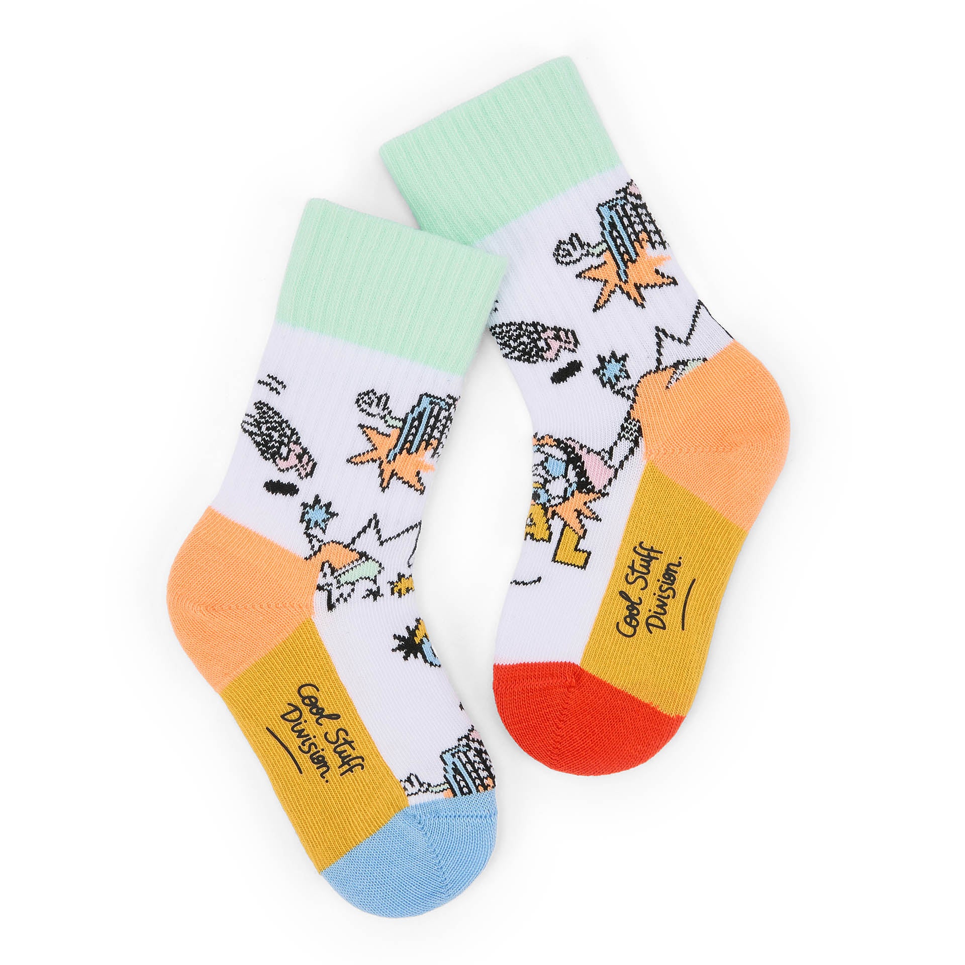 Kinder-Socken weiß mit bunten sportlichen Aufdrucken und Orange Ferse Hello Hossy