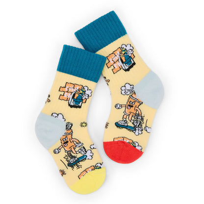Gelbe Kinder-Socken Sport-Aufdruck blaue und rote Ferse Hello Hossy