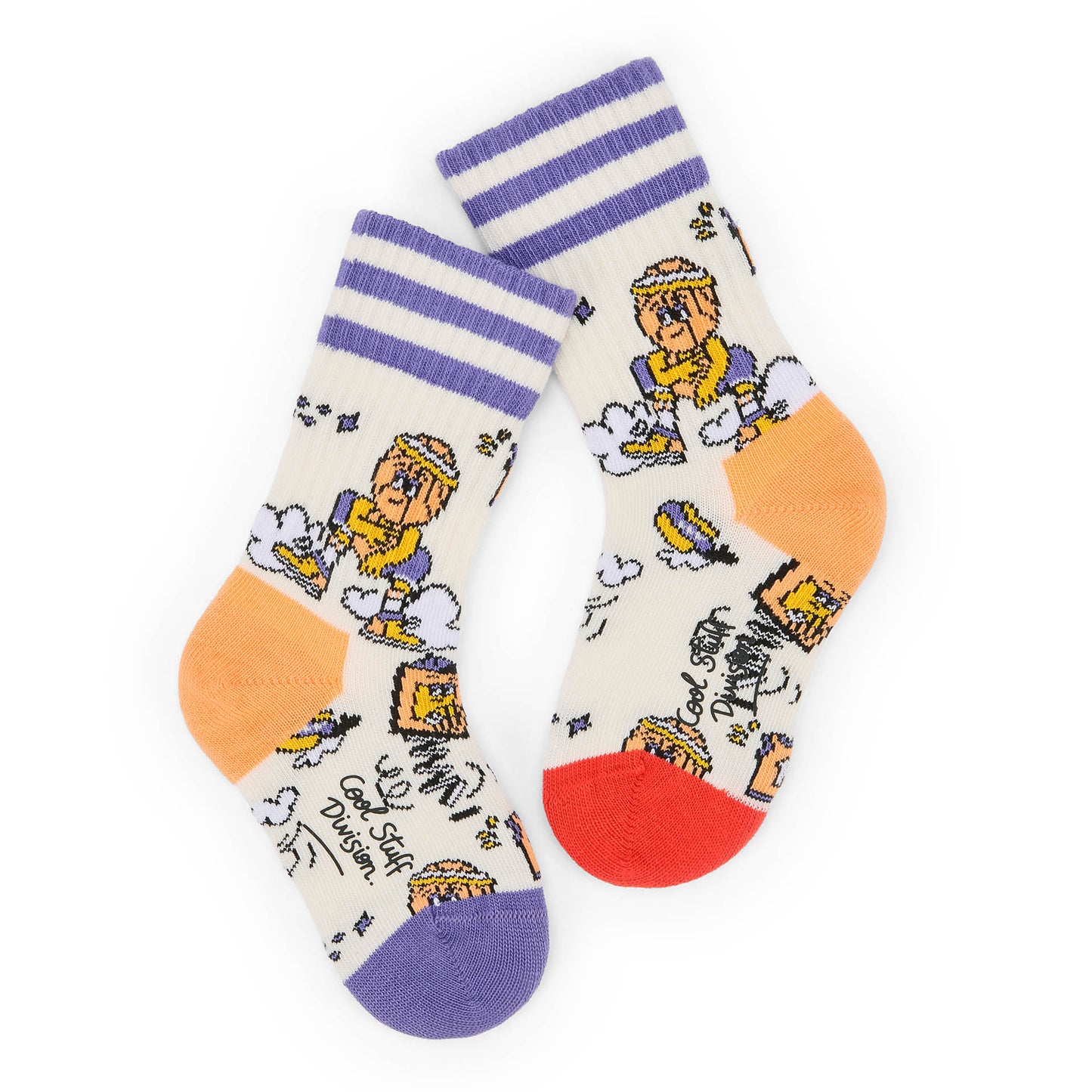 Kinder-Socken cremeweiß mit Sport-Motiv und Orange-violetten Details Hello Hossy