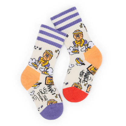 Kinder-Socken cremeweiß mit Sport-Motiv und Orange-violetten Details Hello Hossy