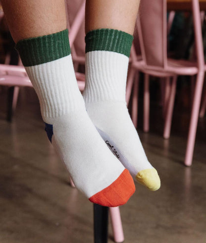 Kinder-Socken weiß mit grünen Bündchen und Orange-gelben Spitzen Hello Hossy