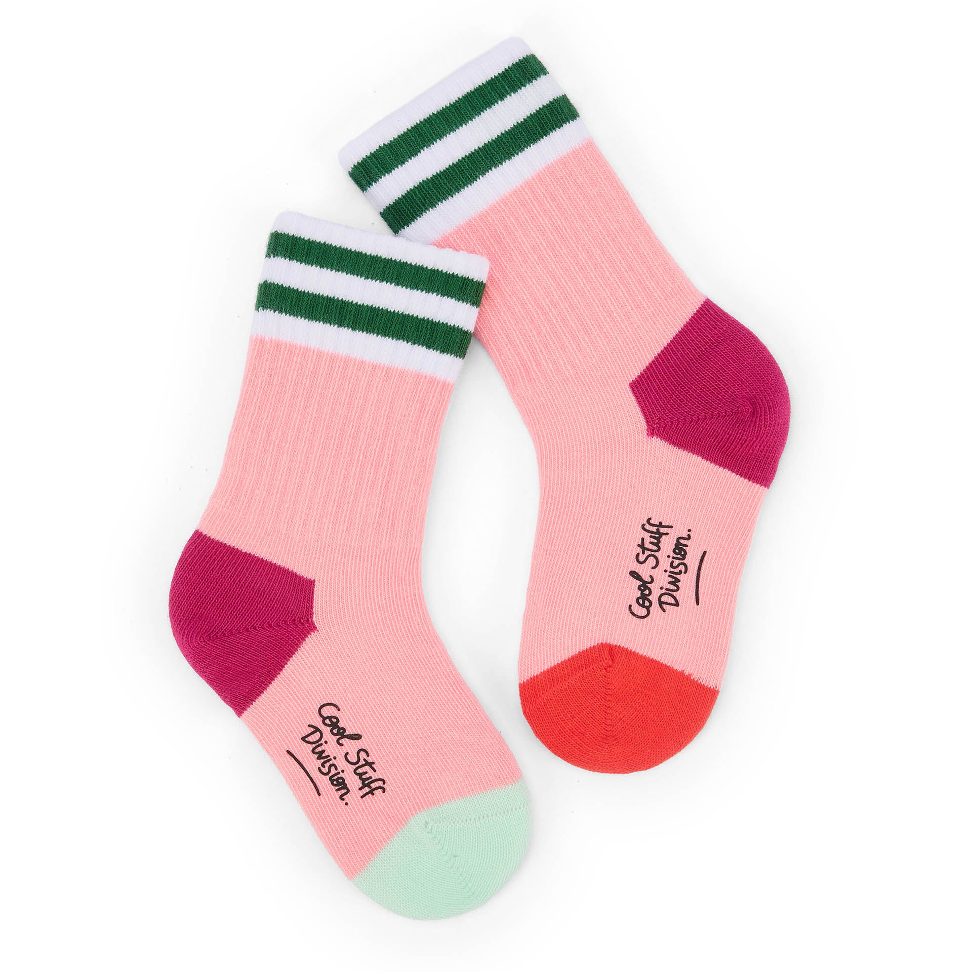 Kinder-Socken rosa mit grünen Streifen und bunten Fersen und Spitzen Hello Hossy