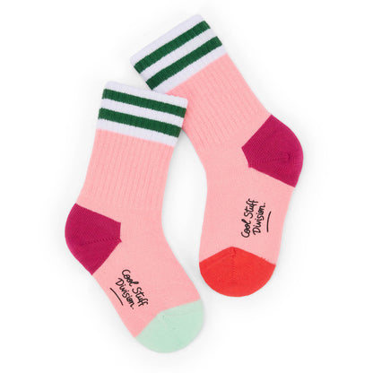 Kinder-Socken rosa mit grünen Streifen und bunten Fersen und Spitzen Hello Hossy