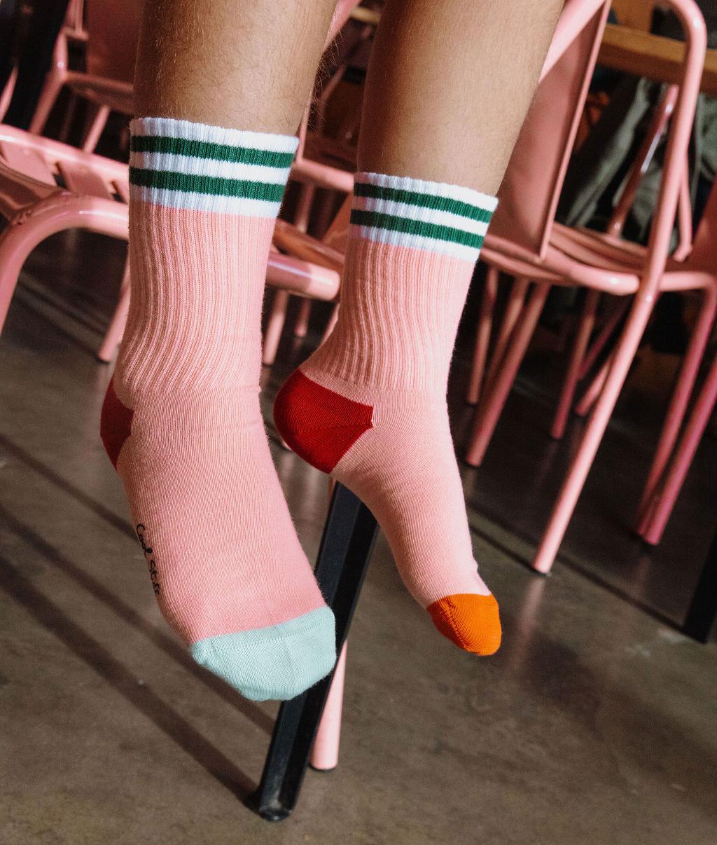 Kindersocken rosa mit grünen Streifen, orange und blauen Spitzen Hello Hossy