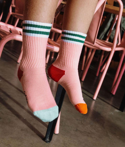 Kindersocken rosa mit grünen Streifen, orange und blauen Spitzen Hello Hossy