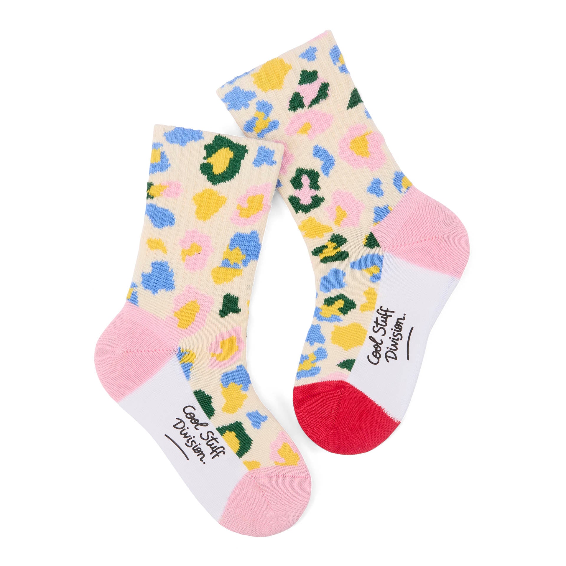 Paire de chaussettes pour enfant, motif léopard couleurs pastel, talons et pointes contrastés rouge et rose – vue à plat