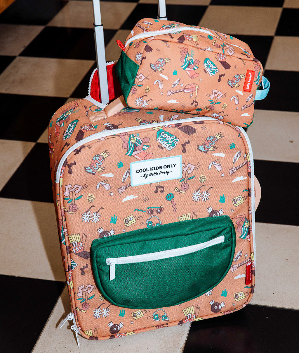 Koffer für Kinder, Braun, Musik-Motiv, grüne Tasche mit passendem Etui Hello Hossy