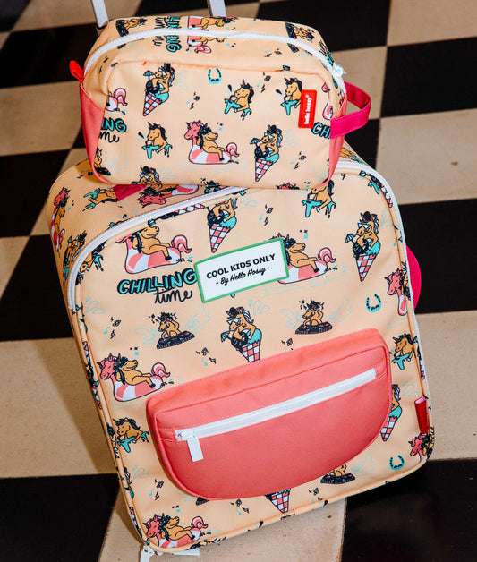 Koffer für Kinder, Einhorn-Aufdruck, Pfirsich, korallenrote Tasche, passendes Etui Hello Hossy