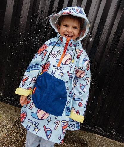 Kinder-Regenponcho blau mit Sport-Motiv und großer Fronttasche Hello Hossy