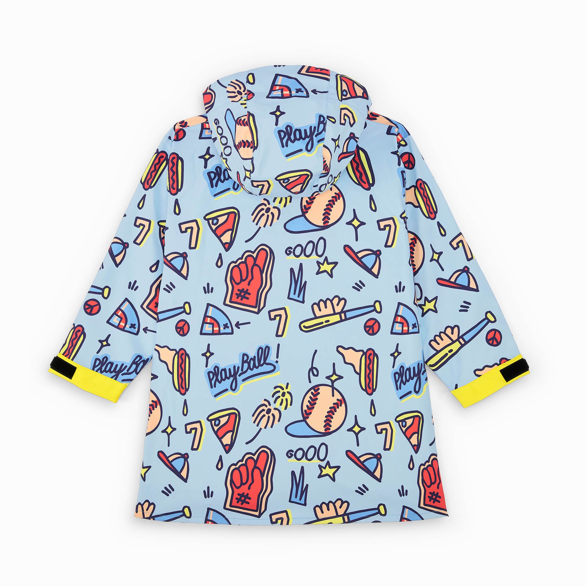 Kinder-Regenponcho blau mit Sport-baseball-Aufdruck und gelben Taschen Hello Hossy