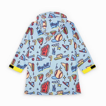 Kinder-Regenponcho blau mit Sport-baseball-Aufdruck und gelben Taschen Hello Hossy
