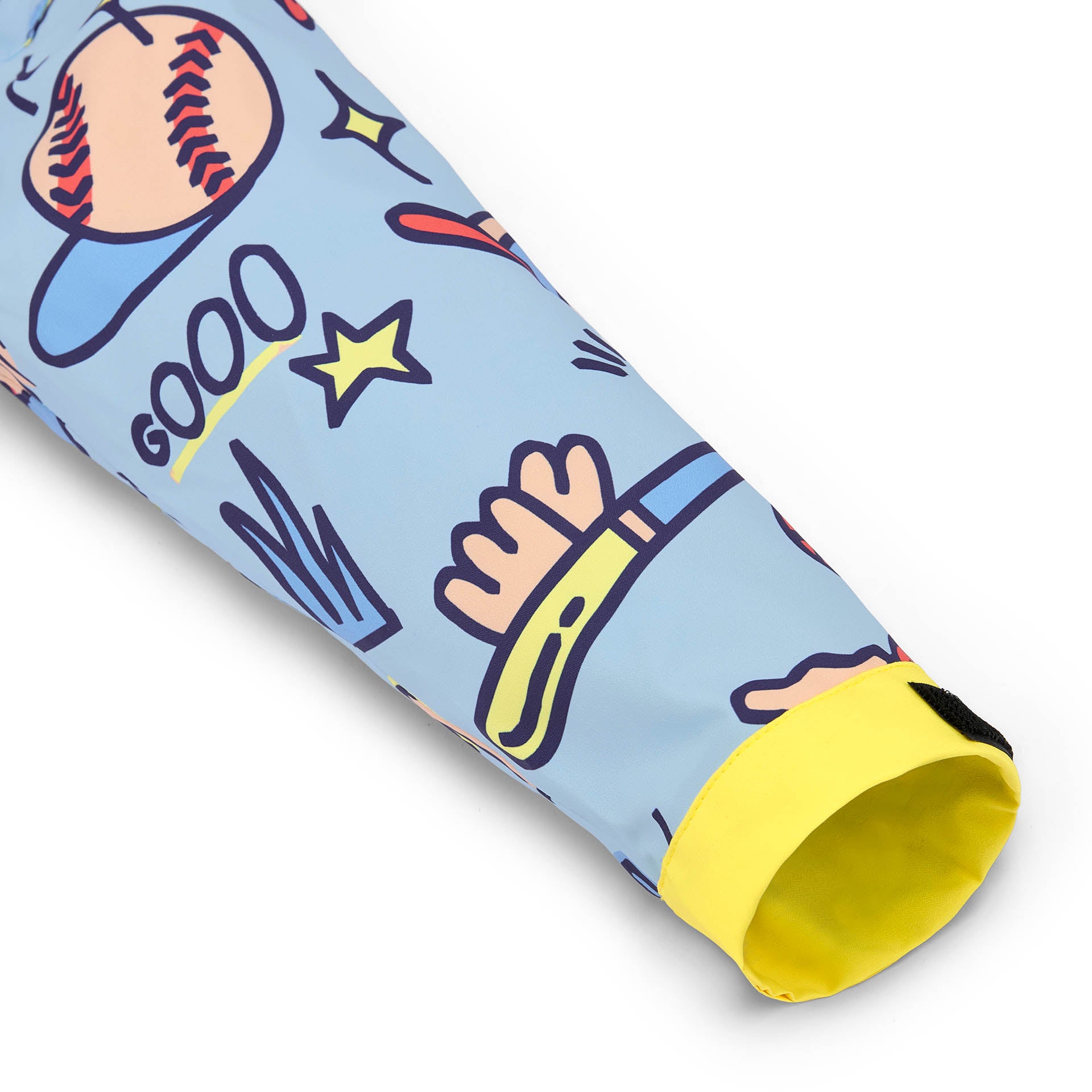 Ärmel des blauen Kinder-Regenponchos mit baseball-Motiv und gelbem Bündchen Hello Hossy