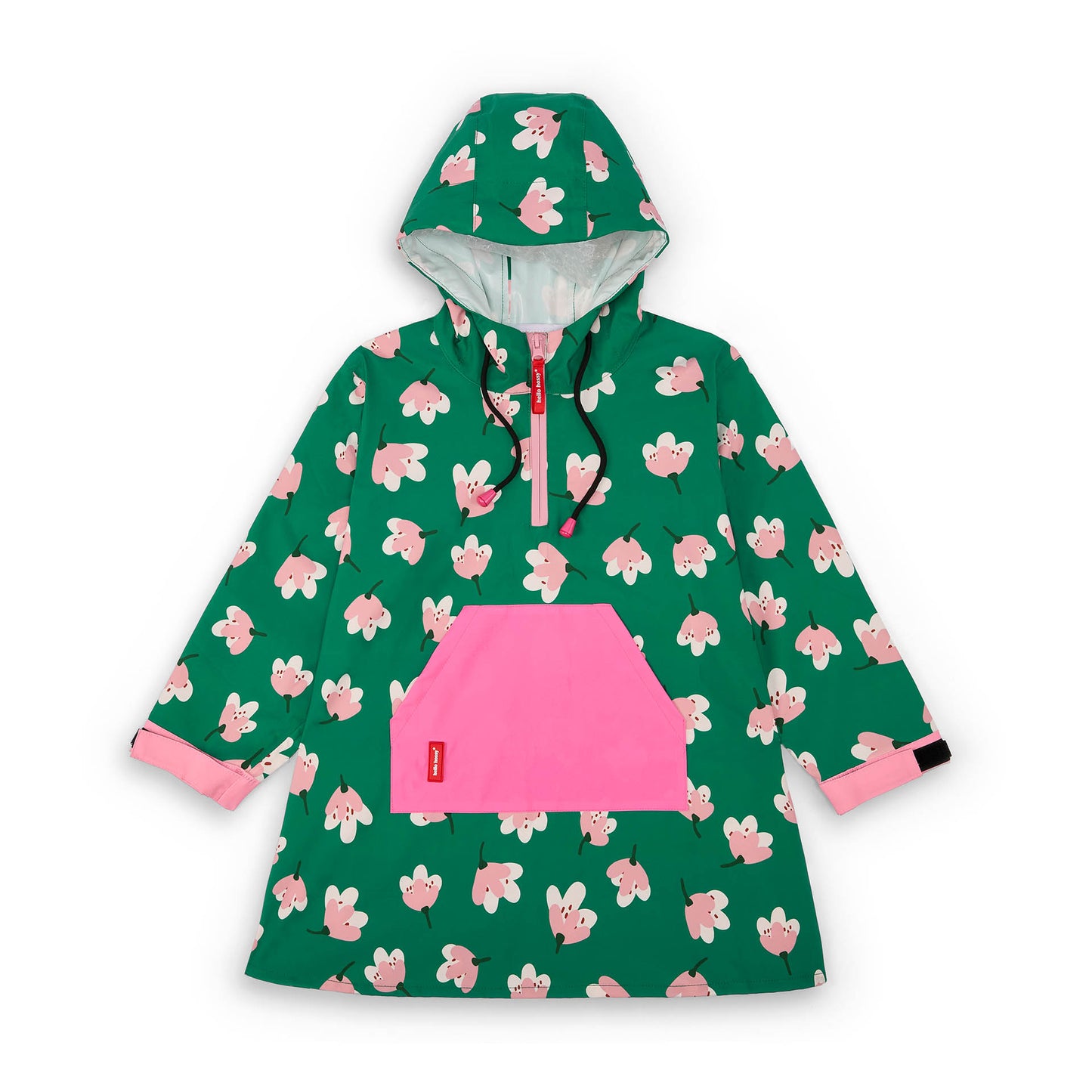 Kinder-Regenponcho grün mit Blumen-Aufdruck, rosa Tasche, verstellbare Kapuze Hello Hossy