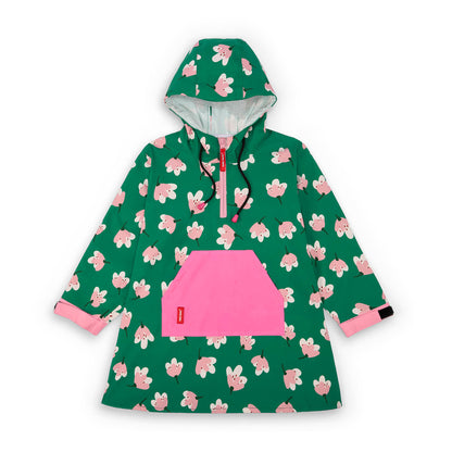 Kinder-Regenponcho grün mit Blumen-Aufdruck, rosa Tasche, verstellbare Kapuze Hello Hossy
