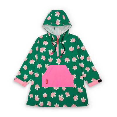 Kinder-Regenponcho grün mit Blumen-Aufdruck, rosa Tasche, verstellbare Kapuze Hello Hossy