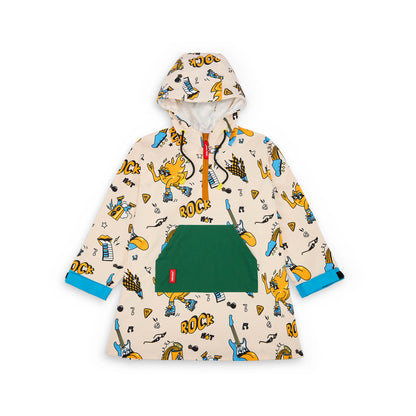 Kinder-regenponcho cremeweiß musik-aufdruck grüne Känguru-Tasche Hello Hossy